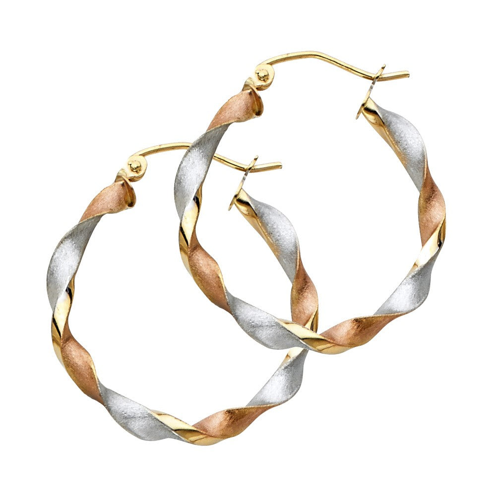 Genuine 14K Tri-tone Gold Twisted Hoop Earrings For Women - 25mm Diameter