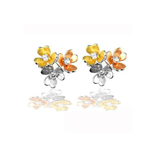 Tri-Tone Cubic Zirconia Flower Cluster Earring Studs