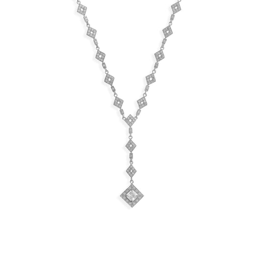 Rhodium-Plated Sterling Silver Cubic Zirconia Diamond Shape Y Drop Necklace