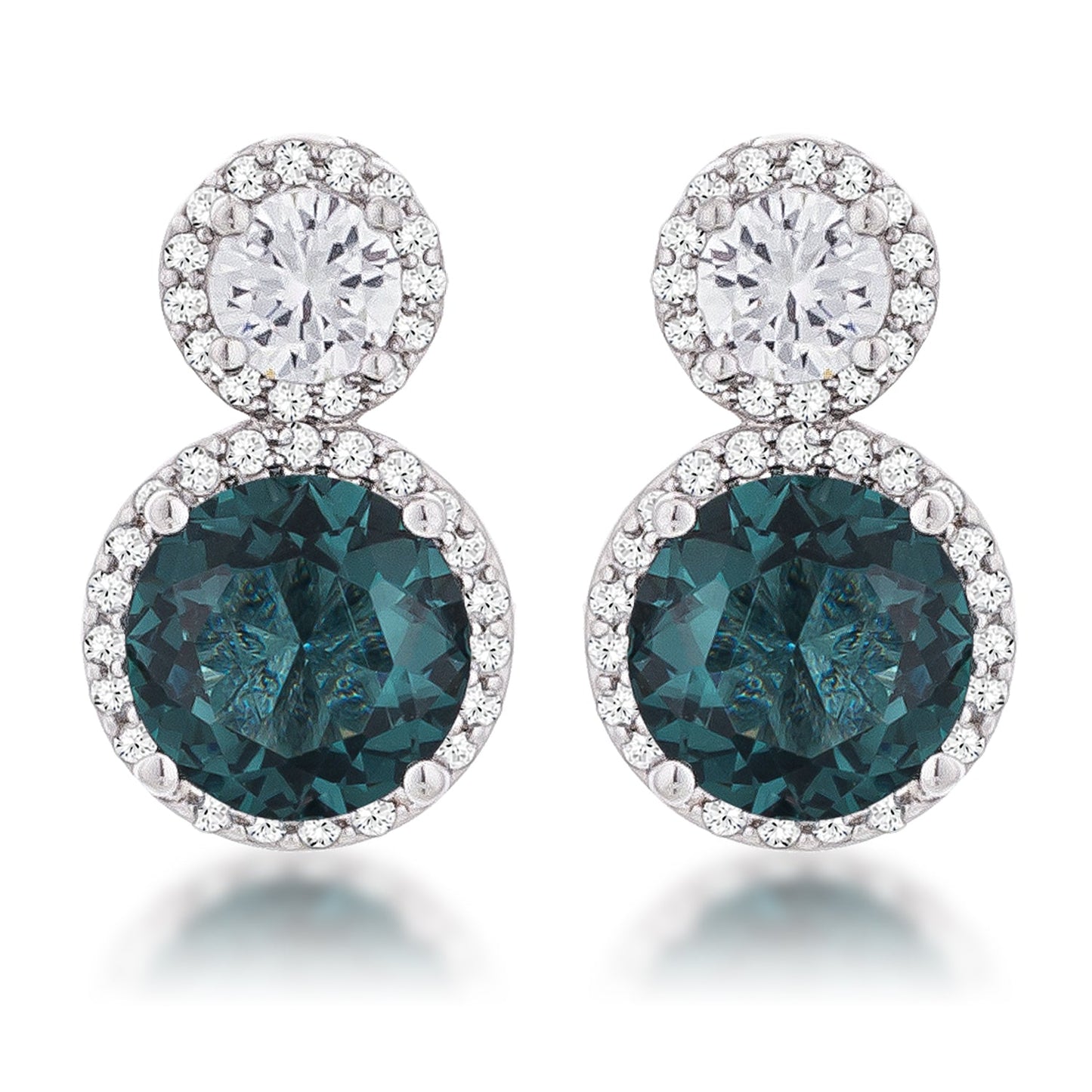 Silvertone Blue-Green Cubic Zirconia Double Halo Drop Earrings