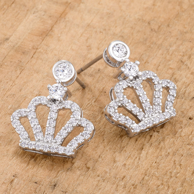 Silvertone Cubic Zirconia Dangling Crown Earrings