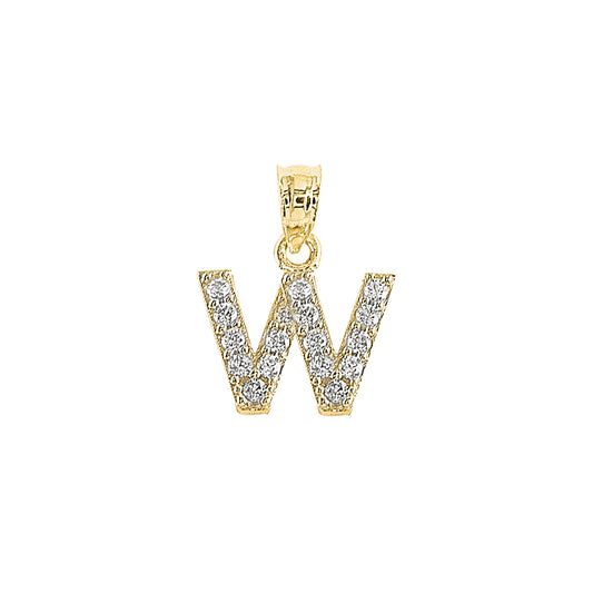 Genuine 14k Yellow Gold 0.59" Cubic Zirconia CZ Initial Block Letter 'W' Pendant for Men or Women - Gold Letter Charm