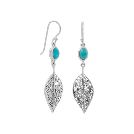 Sterling Silver Reconstituted Turquoise and Oxidized Leaf Dangling Earrings