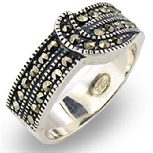 Antique Tone 925 Sterling Silver Ring with Semi Precious Marcasite in Jet