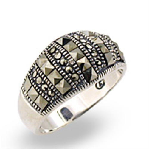 Antique Tone 925 Sterling Silver Ring with Semi Precious Marcasite in Jet