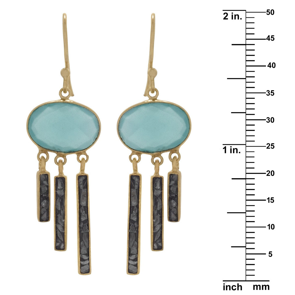 14k Gold Plated Sterling Silver Green Glass and Diamond Chip Drop Earrings