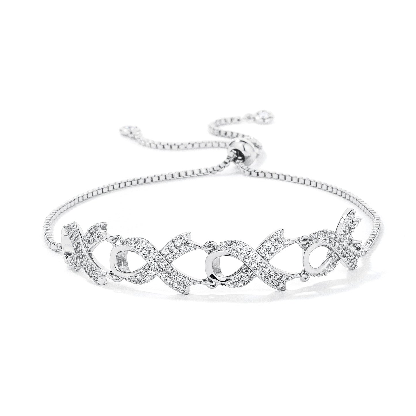 Silvertone or Rose Goldplated Cubic Zirconia Pink Ribbon Bracelet