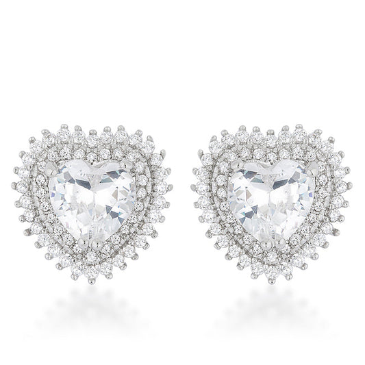 Silvertone Clear Cubic Zirconia Heart Halo Stud Earrings