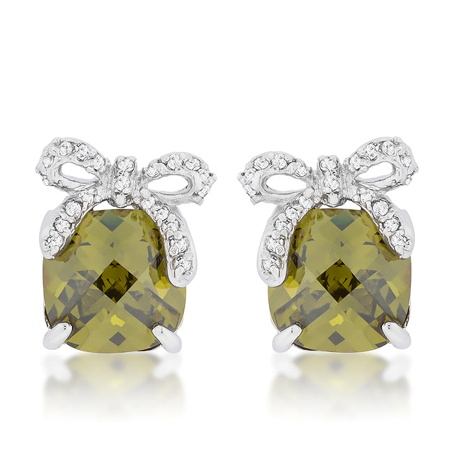Silvertone Olive Cubic Zirconia Bow Stud Earrings