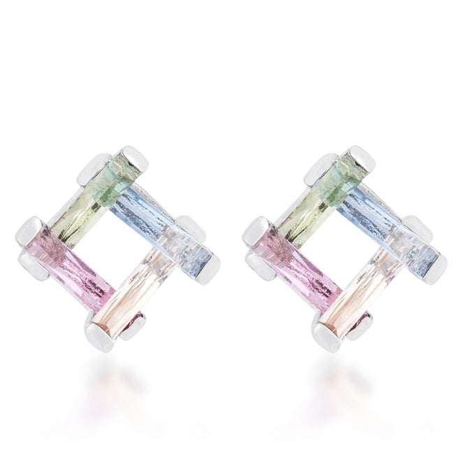 Precious Stars Silvertone Multicolor Cubic Zirconia Overlapping Square Earrings