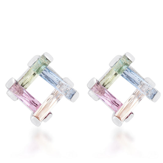 Precious Stars Silvertone Multicolor Cubic Zirconia Overlapping Square Earrings