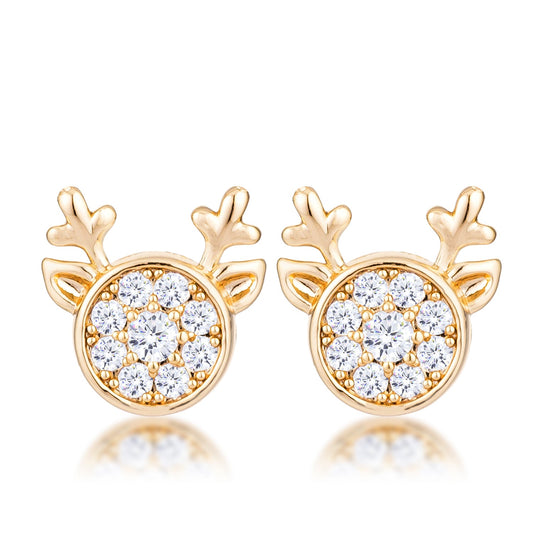 Goldtone Round Cubic Zirconia Reindeer Holiday Earrings