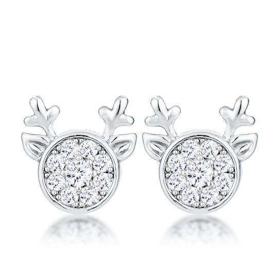 Silvertone Round Cubic Zirconia Reindeer Holiday Earrings