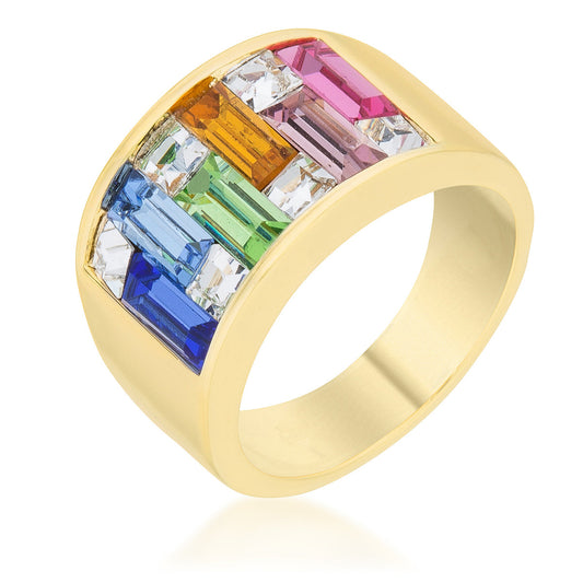 Precious Stars Goldtone Finish Baguette-Cut Rainbow Crystals Fancy Wide Band