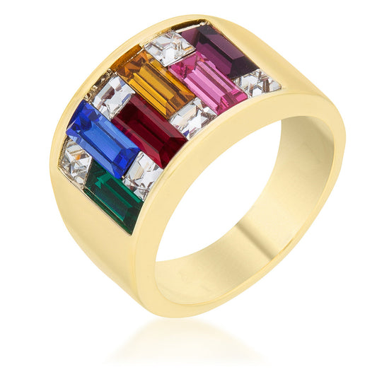 Precious Stars Goldtone Finish Baguette Jewel-Tone Rainbow Crystals Fancy Wide Band
