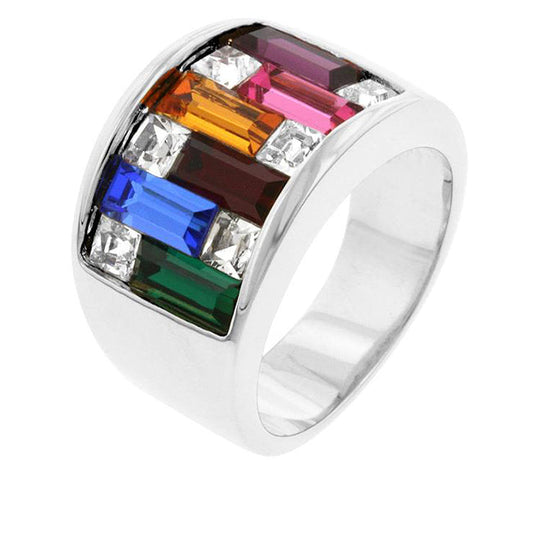 Precious Stars Silvertone Finish Baguette Jewel-Tone Rainbow Crystals Fancy Wide Band