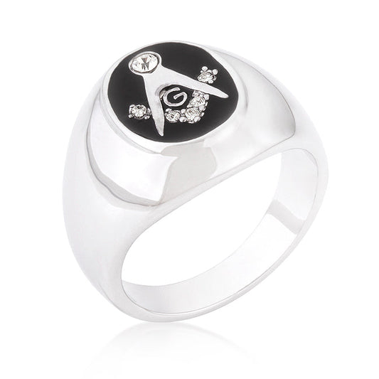Precious Stars Silvertone Men's Black Onyx and Clear Cubic Zirconia Masonic Ring