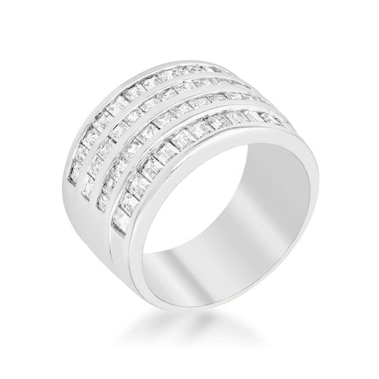 Precious Stars Silvertone Princess and Baguette-Cut Cubic Zirconia 4-Row Wide Band