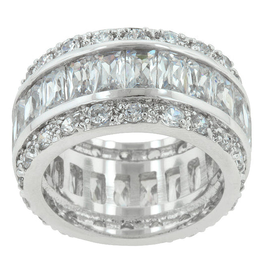 Precious Stars Silvertone Emerald and Round-Cut Cubic Zirconia 3-Row Eternity Band