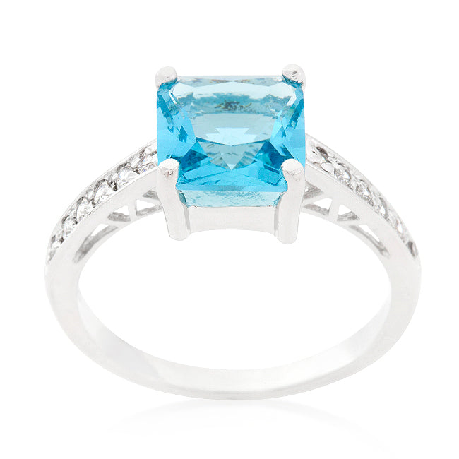 Precious Stars Sterling Silver Princess-cut Aqua Cubic Zirconia Engagement Ring