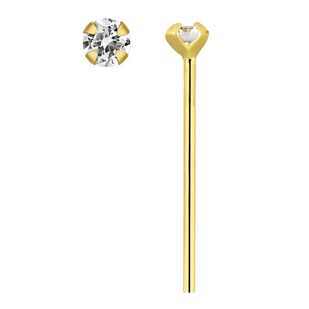14K Yellow Gold Round Cubic Zironia Self-Bending Fishtail Nose Stud - 22g