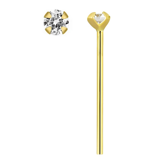 14K Yellow Gold Round Cubic Zironia Self-Bending Fishtail Nose Stud - 22g