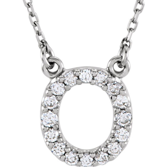 Genuine 14k White Gold 1/6ct White Diamond 0.40" Block Letter O Pendant 16"Necklace