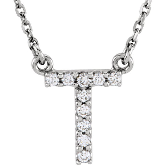 Genuine 14k White Gold .08ct Diamond 0.41" Letter T Pendant 16" Initial Necklace