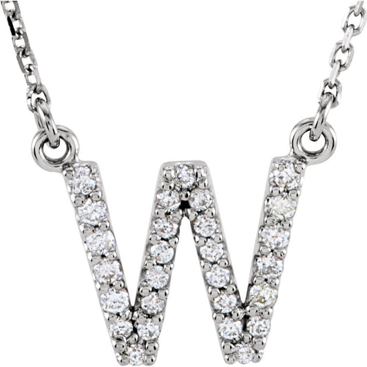 Genuine 14k White Gold 1/8ct Diamond 0.43" Letter W Pendant 16" Initial Necklace