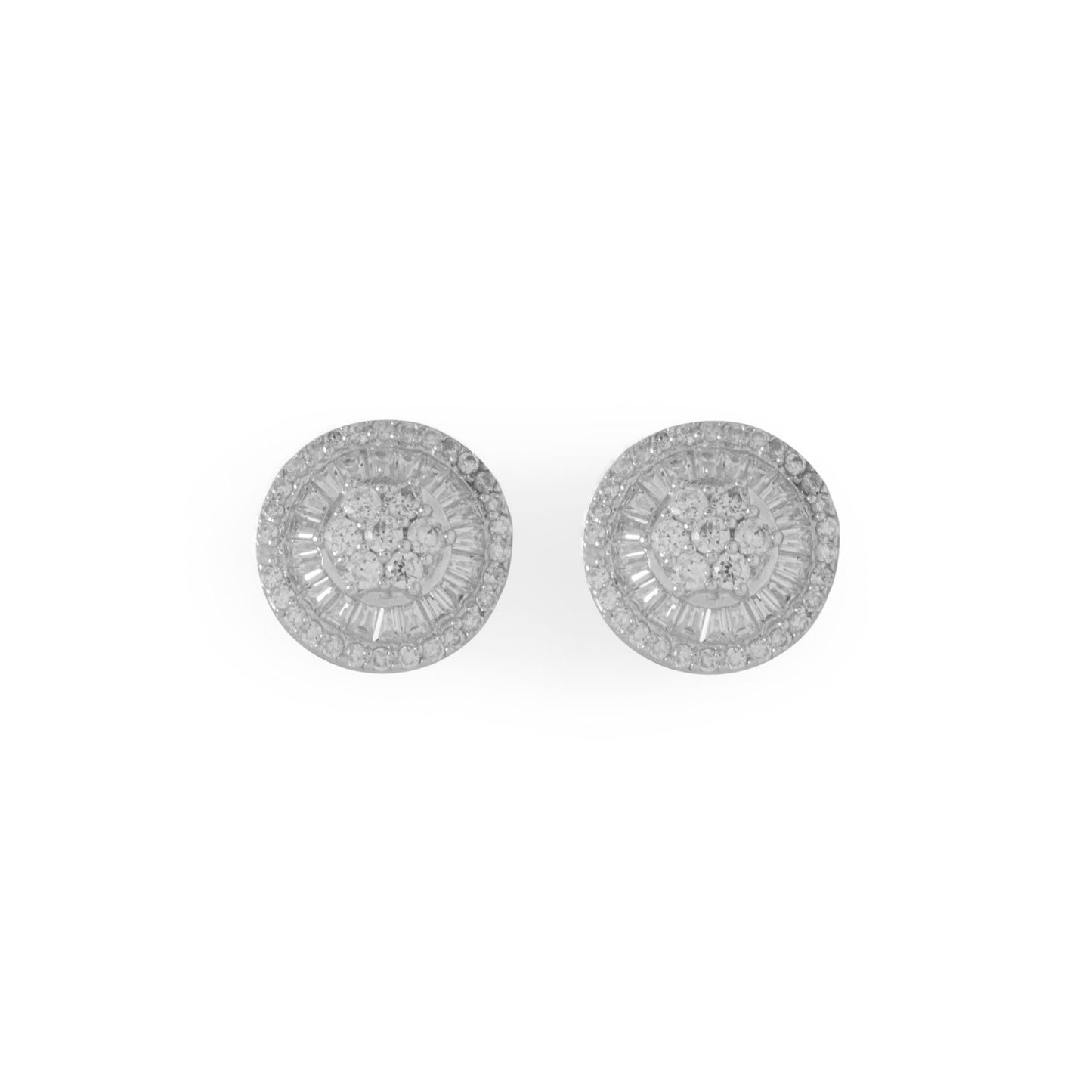 Rhodium Plated Sterling Silver Round Baguette Cubic Zirconia Post Earrings