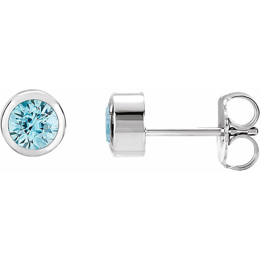 Genuine 14k White Gold 4 mm Natural Blue Zircon Bezel-Set Earrings