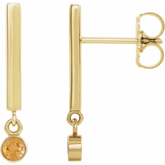 Genuine 14k Yellow Gold Natural Citrine Bar Earrings