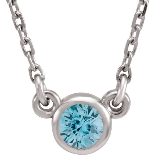 Genuine 14k White Gold 4 mm Round Natural Blue Zircon Solitaire 16" Necklace