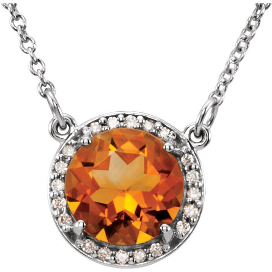 Genuine 14k White Gold 6 mm Natural Citrine & .04 CTW Natural Diamond 16" Necklace