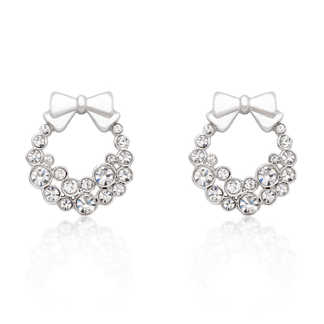 Silvertone Clear Crystal Wreath With Bow Holiday Earrings