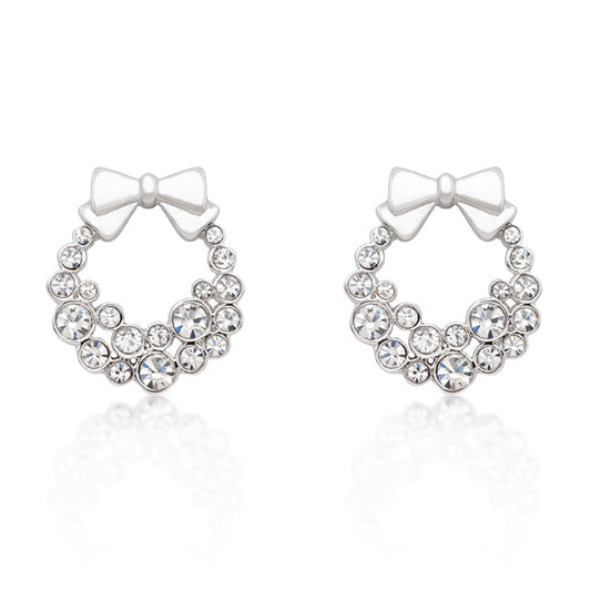 Silvertone Clear Crystal Wreath With Bow Holiday Earrings