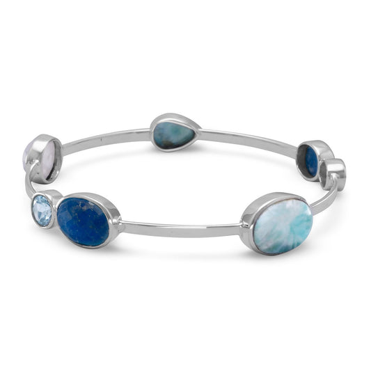 Authentic 925 Sterling Silver Larimar, Blue Topaz Multi-Gemstone Women's Bangle Bracelet