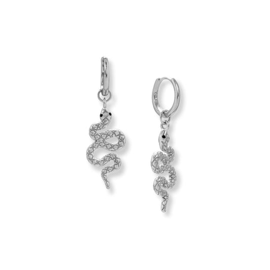 Rhodium Plated Sterling Silver Cubic Zirconia Snake Charm Hoop Earrings