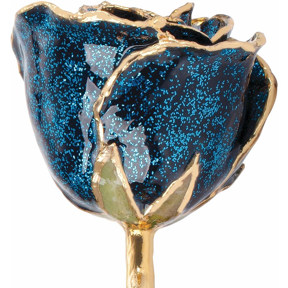 Lacquered Sparkle Blue Colored Rose with Gold Trim