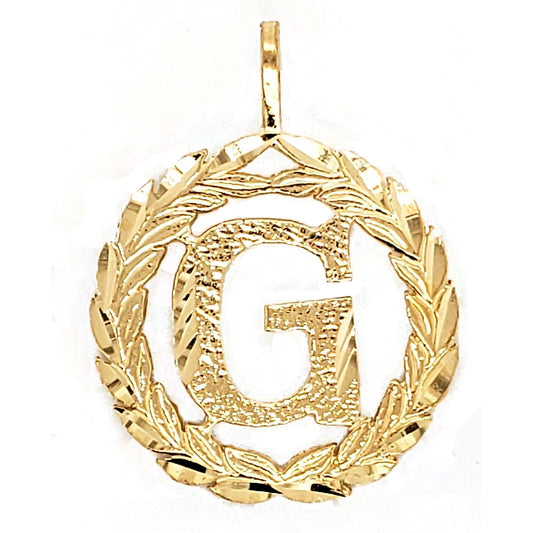 Genuine 14k Yellow Gold 0.78" Wreath Initial Block Letter 'G' Round Pendant for Men or Women - Gold Block Letter Charm