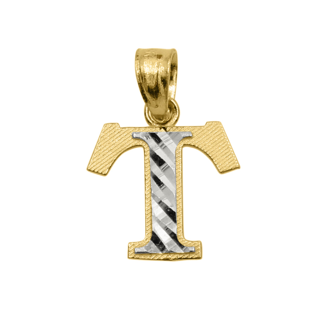 Genuine 14k Two-tone Gold 0.59" Diamond-cut Initial Block Letter 'T' Pendant For Men or Women - Gold Block Letter Charm