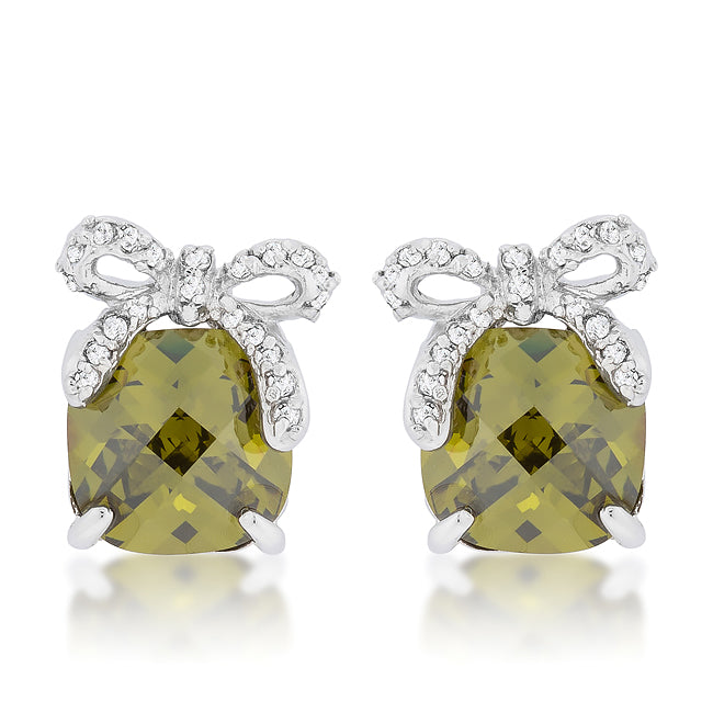 Silvertone Olive Cubic Zirconia Bow Stud Earrings