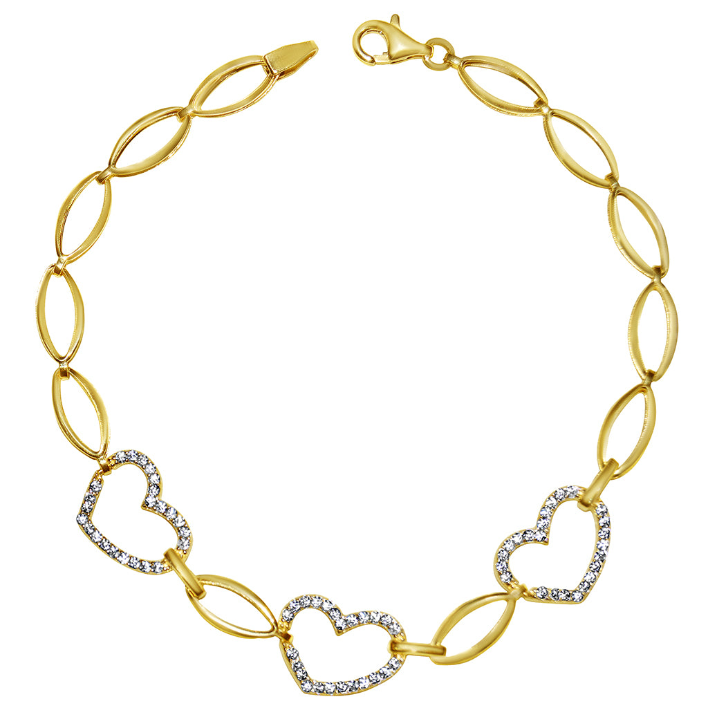 Genuine 14k Yellow Gold Large Link Cubic Zirconia CZ Heart 7.25" Women's Bracelet