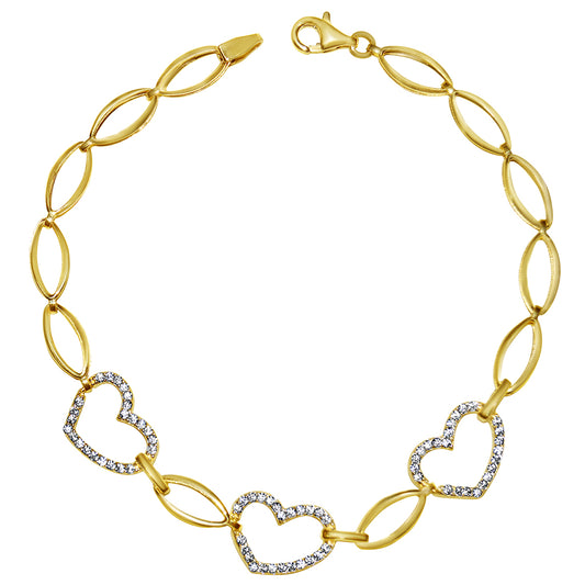 Genuine 14k Yellow Gold Large Link Cubic Zirconia CZ Heart 7.25" Women's Bracelet