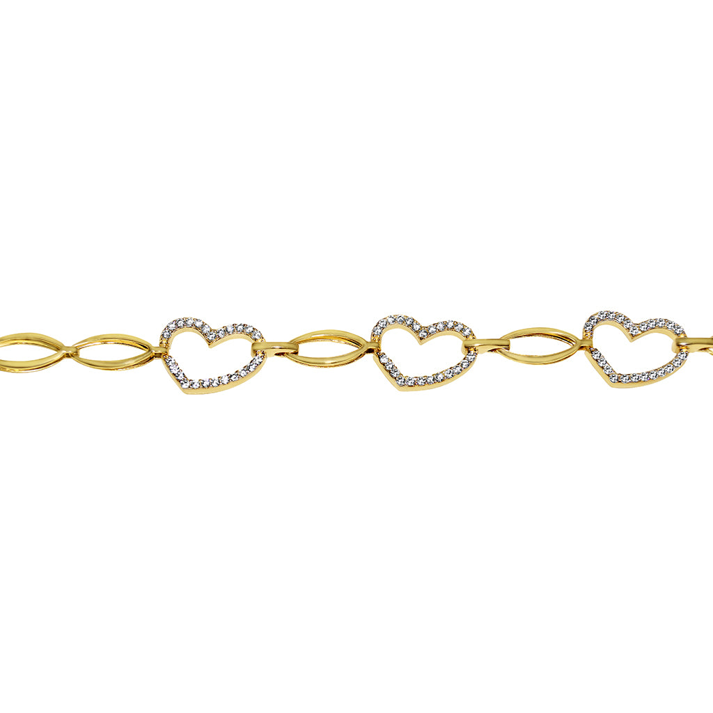 Genuine 14k Yellow Gold Large Link Cubic Zirconia CZ Heart 7.25" Women's Bracelet
