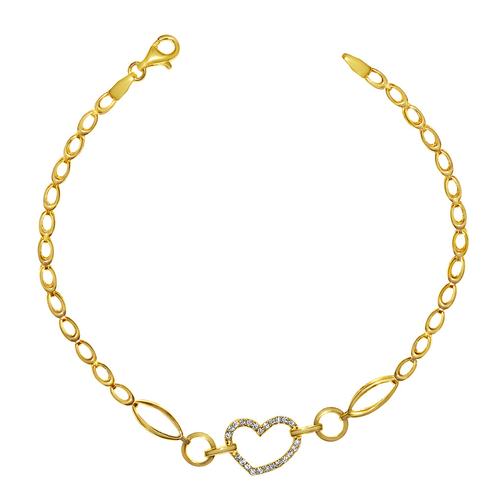 Genuine 14k Yellow Gold Large Link Cubic Zirconia CZ Heart 7.25" Women's Bracelet