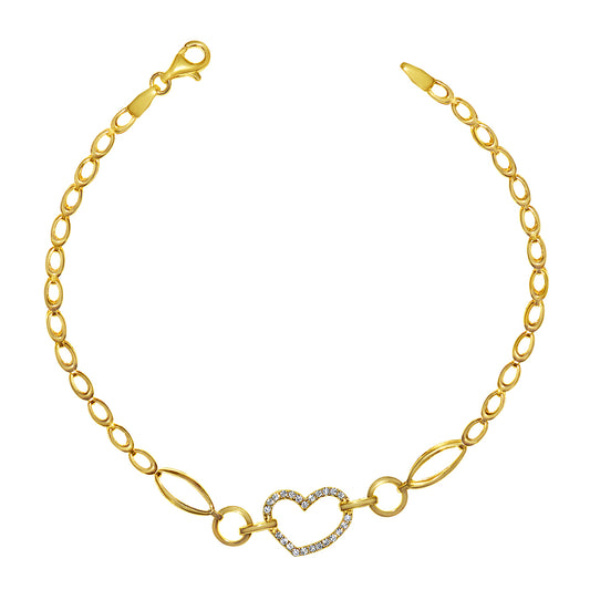 Genuine 14k Yellow Gold Large Link Cubic Zirconia CZ Heart 7.25" Women's Bracelet