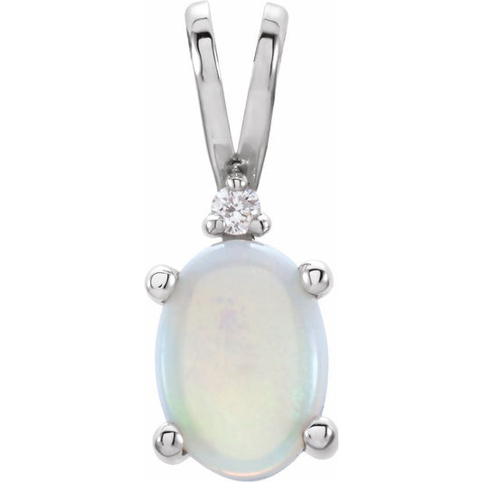 Genuine 14k White Gold Oval-cut Opal & .01 Diamond Accent Pendant - No Chain