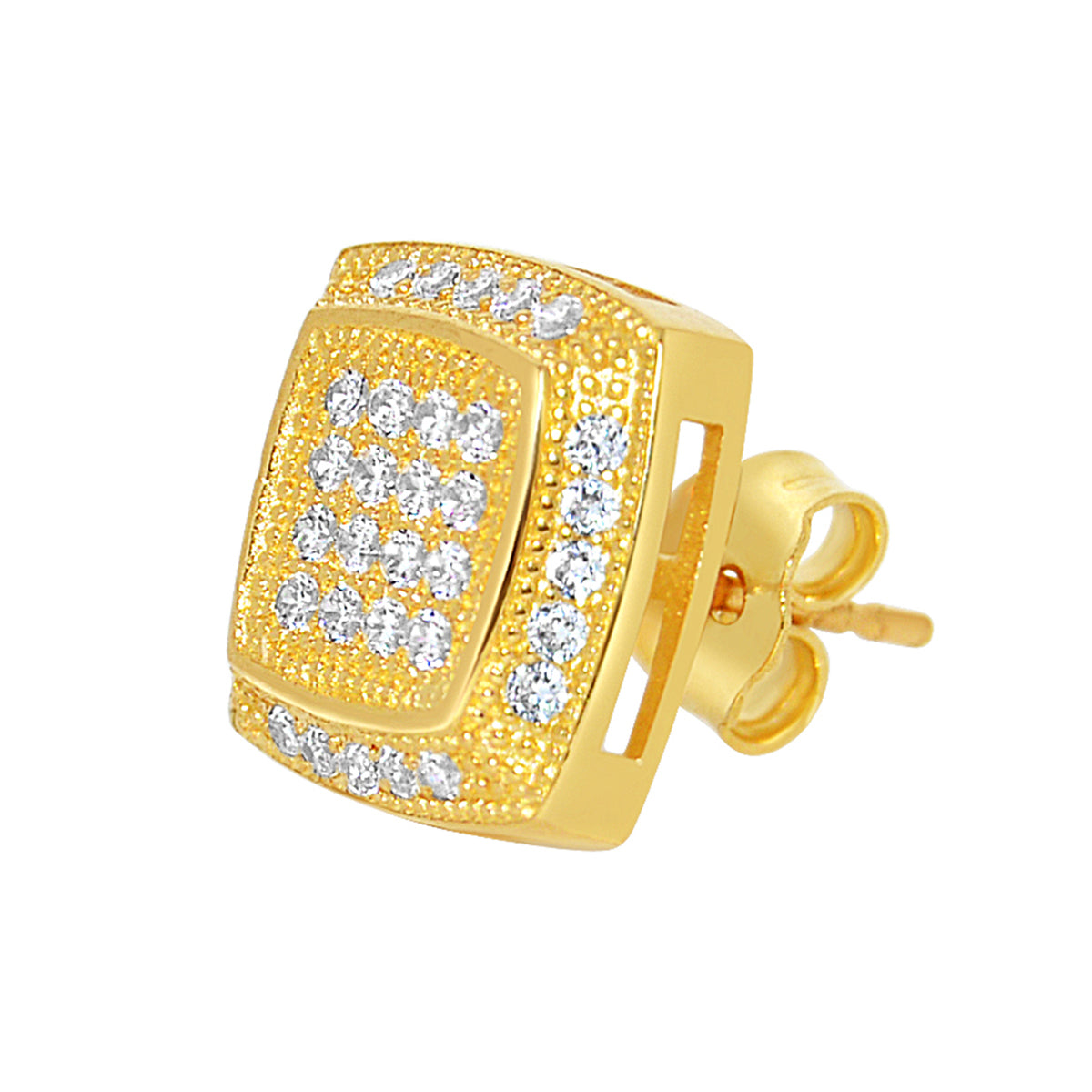 Genuine 14k Yellow Gold 10mm Unisex Square Shaped Micro Pave Cubic Zirconia CZ Stud Earrings