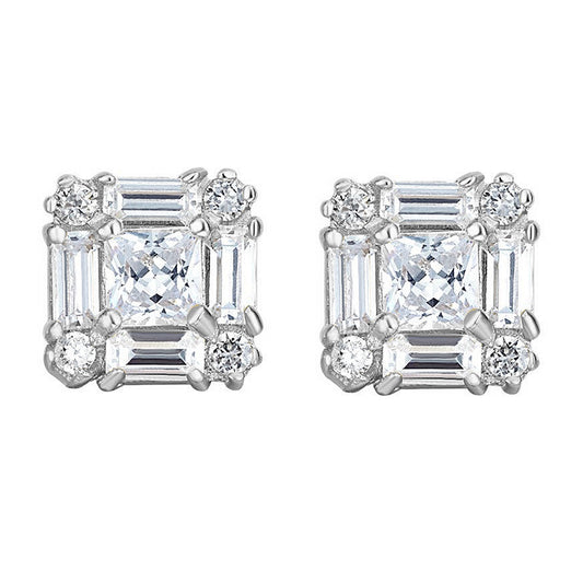 Genuine 14k White Gold 9.3mm Square Cubic Zirconia CZ Cluster Unisex Earring Studs